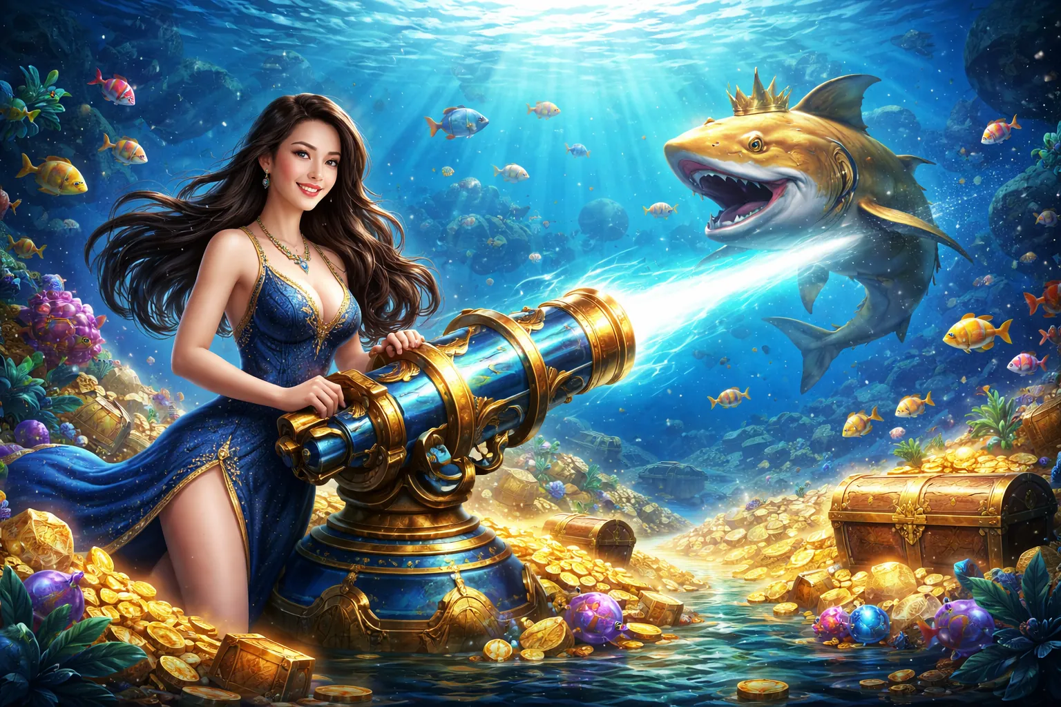 Hình ảnh đại dương rực rỡ với các loài cá và xạ thủ đang bắn cá